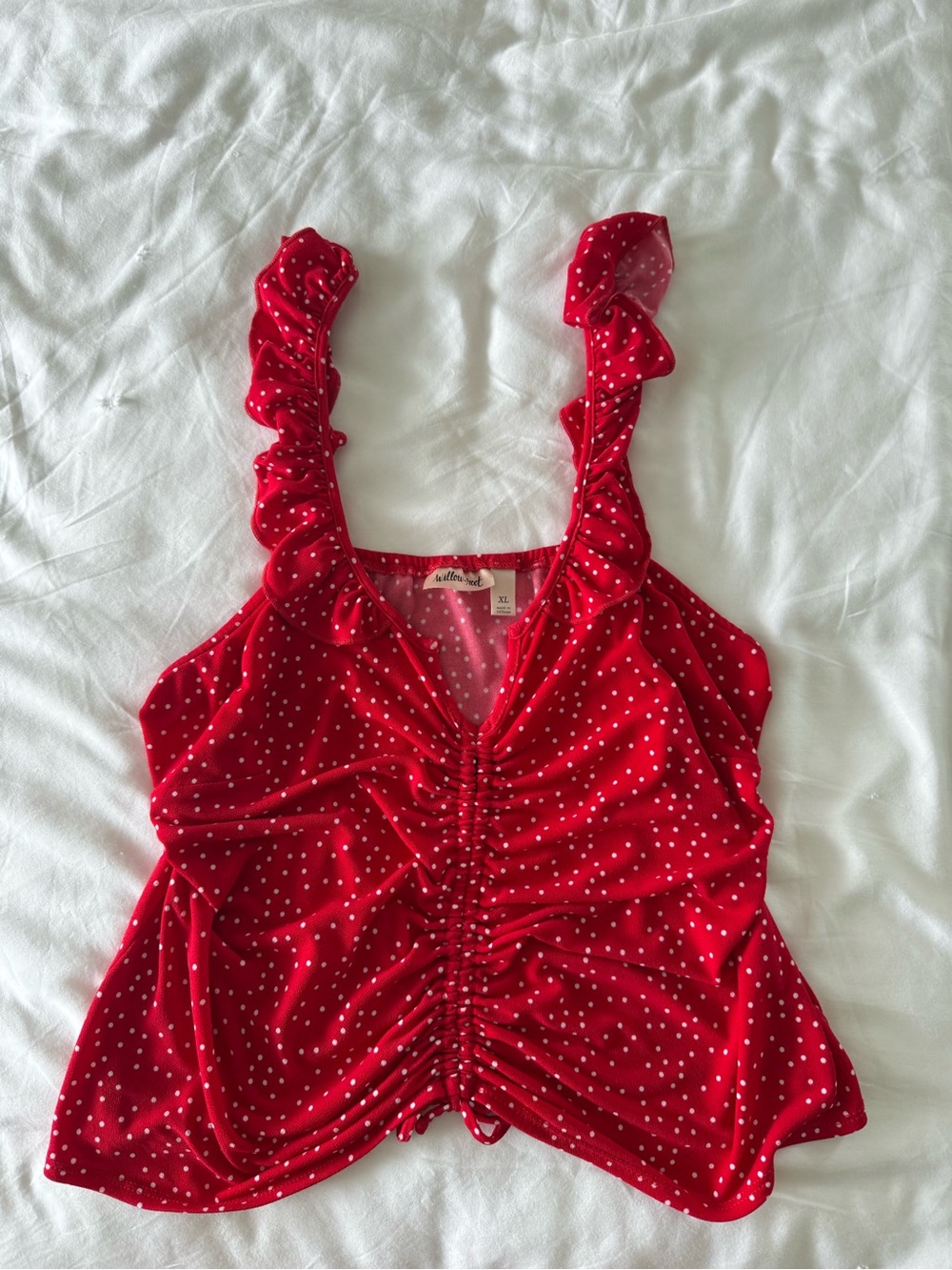 Red Polka Dot Ruffle-Shoulder Ruched Tank Top